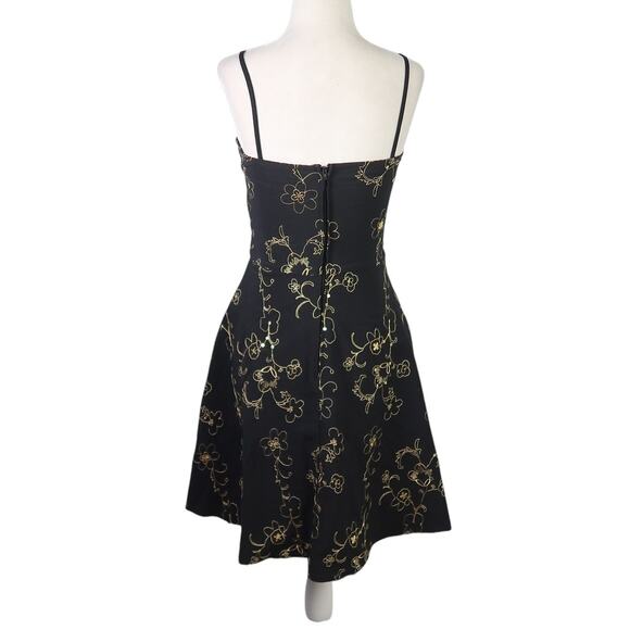 Vintage 90s Steppin' Out Black and Gold Floral Embroidered Party Dress S - Picture 4 of 5